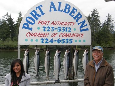 Laura and Dad Paul of Ontario show of their Somass caught Sockeye Salmon This happy pair fished with Doug of Slivers Charters Salmon Sport Fishing
