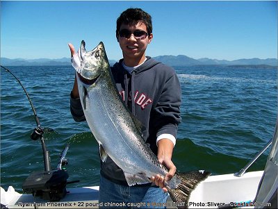 This is Frank of Phoenix who fished with Doug of Slivers Charters Salmon Sport Fishing.  This Chinook weighed in at 24 pounds and was caught at Meares Island located on the surfline of Barkley Sound on a four inch Green-glo coyote spoon