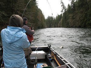 This young girl of Nanaimo spent a great day on the river with her dad Graham and guide Nick.  She is playing a great 11 pound Steelhead