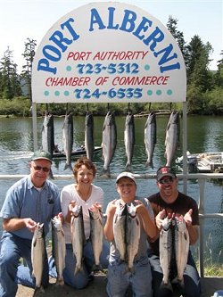 Summer Sockeye fishing in 2011 is expected to be very good.  Guests this summer had Remarkable trips in the Port Alberni Inlet. Sockeye fishing is fun for the whole family as everyone Can land the best commercial salmon of all. In this picture The Brannick family of Utah show there Sockeye catch from the Alberni Inlet. The retention level for sockeye is normally four per person in the Port Alberni Inlet   