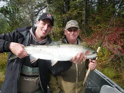 father and son combination show off this Steelhead picked up in the Stamp River.  The two men from Nanaimo B.C. had a great fall day hooking into 9 Steelhead in which three were hatchery fish.  All of the fish were hooked on imitation single eggs
