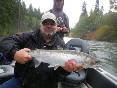 The Fall Steelhead fishing is well underway on the Stamp River which is close to Port Alberni British Columbia.  The Coho are spawning and the Steelhead are actively feeding on single eggs floating in the river.  This Fall Steelhead was landed by happy guest from Vancouver using imitation single egg patterns in the Upper Stamp River.