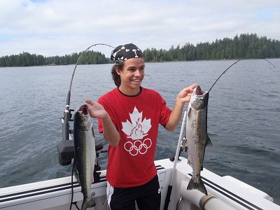 There have been plenty of Coho out in Barkley Sound.   The Coho have been averaging six to eight pounds with a few up to ten points.  Marcus and family from Calgary fished with Doug of Slivers Charters Salmon Sport Fishing and had a great day of Chinook and Coho fishing.  These two Coho were landed at Swale Rock located in Barkley Sound Vancouver Island