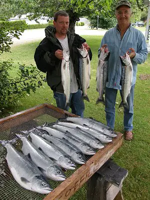 Captain Mel of Slivers Charters Salmon Sport Fishing and guest show off their Sockeye catch in the Alberni Inlet.  The Sockeye Fishing in the Port Alberni Inlet has really picked up during the last few weeks and is proving to be another great year of summer fishing.