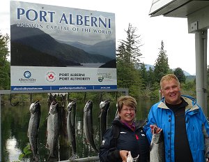 Brian and Charmayne from Edmonton Alberta fished with Doug of Slivers Charters Salmon Sport Fishing for three days during September.  They had remarkable days of fishing in the Port Alberni Inlet and Barkley Sound.  The Coho in this picture were all landed in the Alberni Inlet using hootchies and various coyote spoons.