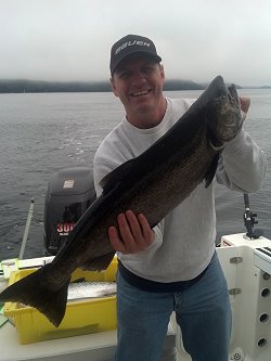 Joey from Marquette Michigan landed this late September Chinook fishing in Barkley Sound with Doug of Slivers Charters Salmon Sport Fishing