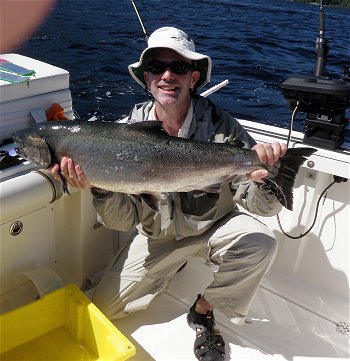 Ken from Florida had some great late August fishing in the Port Alberni Inlet with guide Doug from Slivers Charters.  This salmon was caught using anchovy in a peanut butter rhys davis teaser head behind a light green flasher    We are looking at the Port Alberni Inlet having some great sockeye and Chinook 2012 fishing