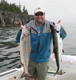 Steve fished with Doug of Slivers Charters Salmon Sport Fishing.  These two Chinook were landed just around Meares Bluff using four inch green nickel and silver glo coyote spoons.