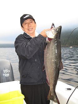 Mr. Kim of Parksville British Columbia shows his 25 pound Chinook that he landed in the Port Alberni Inlet close to China Creek using anchovy.  Doug of slivers Charters Salmon sport fishing was the guide