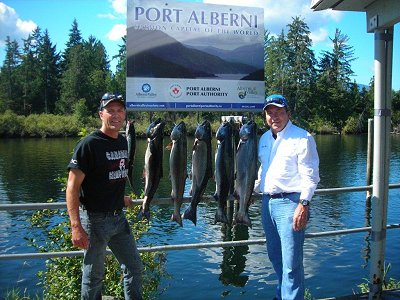 The fishing for Chinook in the Alberni Inlet in the late summer was rather spectacular on various days.  Slivers Charters Salmon Sport Fishing guide John MacDonald had opportunity to guide former Cincinnati catcher Johnny Bench (right) on guided fishing trip in the Alberni Inlet