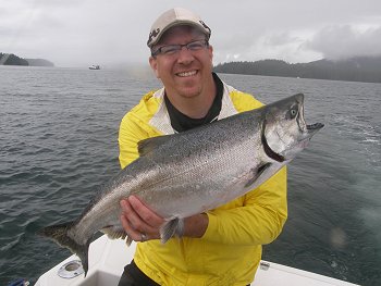 Fall Salmon landed in Barkley Sound by guest Brannick from Utah.  Brannick landed this salmon close to Austin Island and Meares in late September using a dark green spatterback hootchie