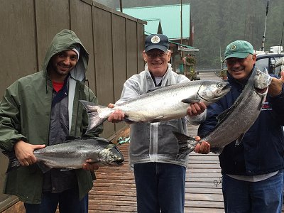 Larry, Paul, and Patrick show some of the salmon they landed fishing in Barkley Sound.  The group is from Houston, San Francisco, and Albequerque U.S.A.