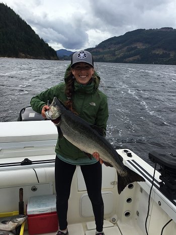 Angie of Victoria B.C. shows her Chinook Salmon landed in the Alberni Inlet. Guide was Doug of Slivers Charters Salmon Sport Fishing.