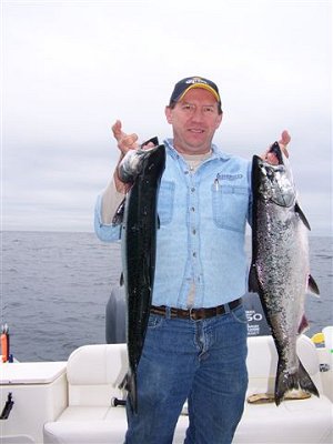 Mike of Port Alberni B.C. shows his two Chinook picked up outside the Ucluelet Harbour on anchovy. The anchovy was inside a glow army truck Rhys Davis Teaser Head. Fishing inshore and offshore Vancouver Island will be very good this year