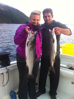 Late August and September should see some great Coho Sport Fishing in the Port Alberni Inlet.  Guided by Doug of Slivers Charters Salmon Sport Fishing Jeremy and Regan show two Coho landed on hootchies in the Alberni Inelt. The Alberni Inlet is forecast to have big numbers of returning Coho to the Somass River system in 2013.