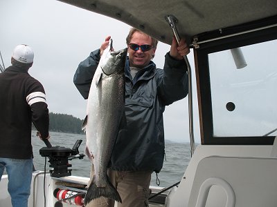 This bright Chinook was landed at Meares Bluff located in Barkley Sound. Chinook hit a blue-nickel coyote spoon.   Guide was John of Slivers Charters Salmon Sport fishing