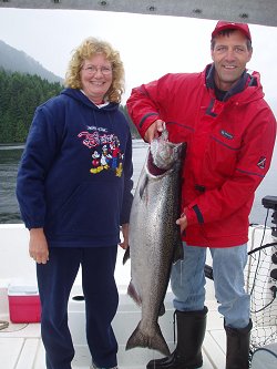 Nice Chinook salmon for Cathy of Saskatchewan who was guided by John of Slivers Charters Salmon Sport Fishing.