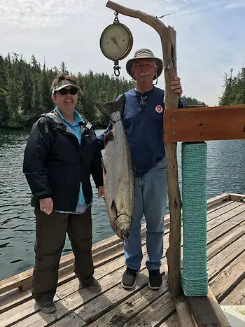 Steve and Joyce and 26 pound Chinook landed in Barkley Sound at Cree Island.