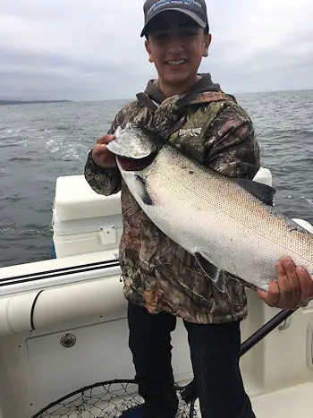 Nicholas of Fresno California landed this twenty three pound salmon at Austin Island fishing with Doug of Slivers Charters Salmon Sport Fishing. This fish was landed using anchovy