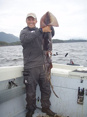 This is an Humboldt Squid which was hooked by Arto of Finland.   This is uncommon for these water but this creature and others like it must be in the area