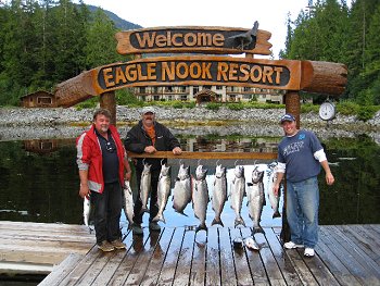 Jim, Scott and Andrew from B.C. and Manitoba show off their catch after a day of fishing recently with guide Doug of Slivers Charters Salmon Sport Fishing.  These fishermen were guests of Doug and were accommodated at Eagle Nook in Barkley Sound.  Most of the salmon were caught from Cree Island all the way to Pill Point located in Barkley Sound Vancouver Island B.C.