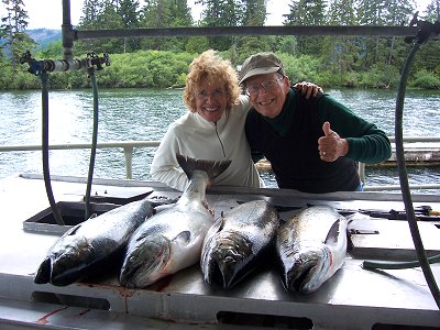 Joanne and John from Florida show their catch of Chinook salmon   The Florida couple fished in June with guide Doug of Slivers Charters Salmon Sport fishing the Swale Rock Area of Barkley Sound.  All of these fish were hooked on anchovy.  This happy couple will be back.