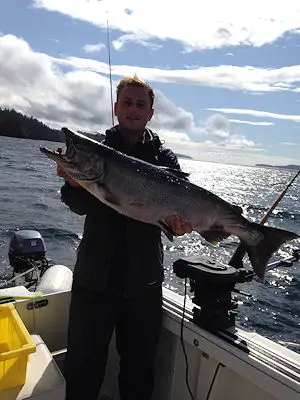 Benny landed this great Chinook salmon fishing with Doug of Slivers Charters Salmon Sport Fishing.  This Chinook is a returning West Coast Vancouver Island fish.  The summer of 2017 should see a good return of four year old Chinook to West Coast Vancouver Island