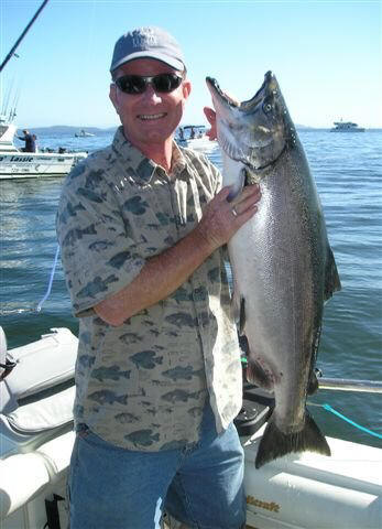 Chinook Fishing in Barkley Sound in the summer of 2008 had some fabulous days as seen in this picture.  Tom caught this beautiful fChinook with guide Doug Lindores of Slivers Charters Salmon Sport Fishng at Gilbraltor Point in Barkley Sound Vancouver Island B.C.  Fishing Chinook in 2009 should again be fabulous.