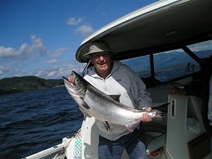 In this picture Tom from Utah shows off his chrome 20 pound Chinook Salmon that he picked up with guide John the day before the 2007 Port Alberni Salmon Fishing Derby, There should be a good surplus of Chinook in the Inlet this August and September.