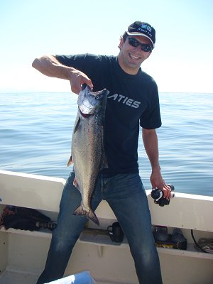 Owen from Port Alberni fished The Wreck, whcih is off of Ucluelet, with guide Mike shows off one of his Chinook.