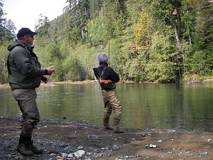 Great fall Picture on the Stamp River as guide Bill and guest fish for Fall Steelhead