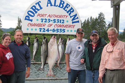 The Finley Family from Portland Oregon and Larry from New Mexico to the far right show a few of their fish caught just off Folger Island in Barkley Sound.  A 26 pound halibut was a bit of a fluke in the area fishing.  There was some fairly good action on this day as the bite was continuous.  Guide was Doug of Slivers Charters Salmon Sport Fishing.