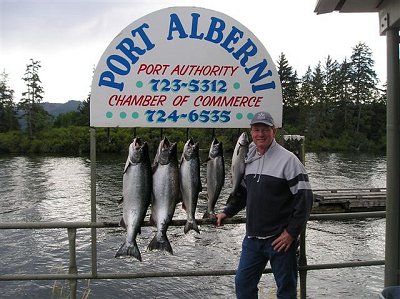 Tom from Utah shows off fish he and family caught in Barkley Sound near King Edward Island with Doug of Slivers Charters Salmon Sport Fishing