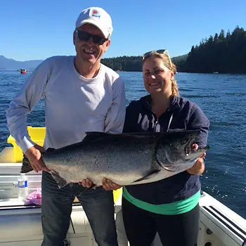 Jessica and Raymond from Victoria B.C. with a beautiful Chinook Salmon landed close to Bamfield.