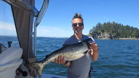 Darcy from Toronto with a fourteen pound Chinook landed at Cree Island in Barkley Sound.  This fish hit a three and a half inch Irish Cream Spoon.