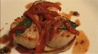 Red Pepper Scallops on Potato Pancakes